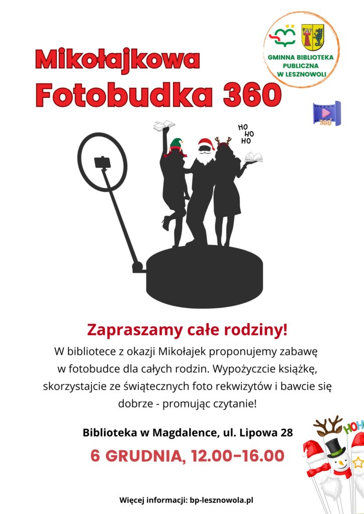 Czerwony napis "Mikołajkowa fotobudka 360" na białym tle. Czarne postacie.