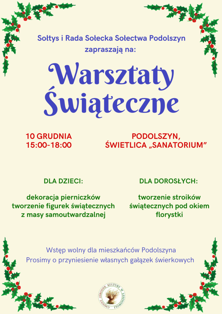 Niebieski napis Warsztaty Świąteczne na kremowym tle.