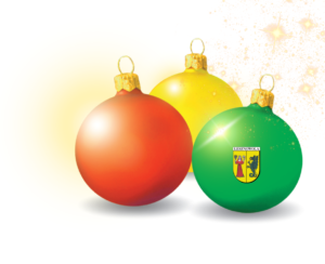 Trzy bombki na białym tle, na bombce zielonej herb Gminy Lesznowola