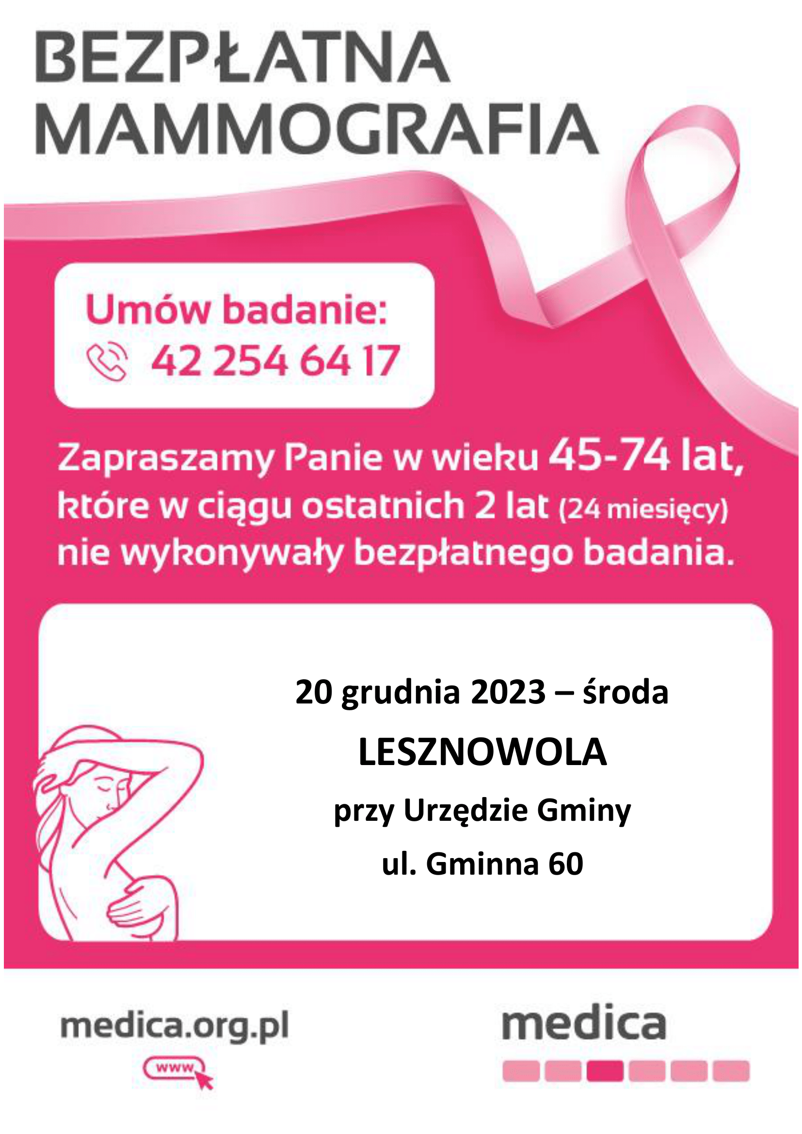 Różowy napis Bezpłatna Mammografia i różowa wstążka.
