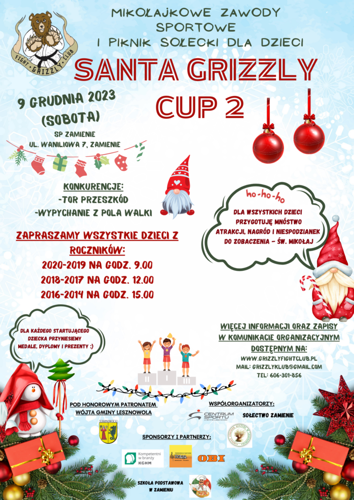 Czerwony napis Santa Grizzly Cup 2. W lewym górnym rogu obrazek niedźwiedzia w kimono.