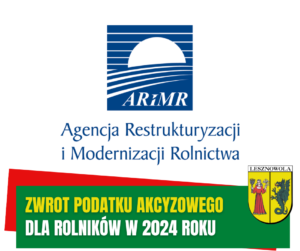 Żółty napis "Zwrot podatku akcyzowego" i biały napis "dla rolników w 2024 roku" na zielonym pasku.