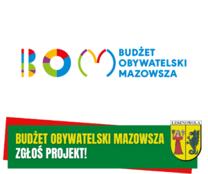 Żółty napis "Budżet Obywatelski Mazowsza" i biały "napis zgłoś projekt!" na zielonym pasku.