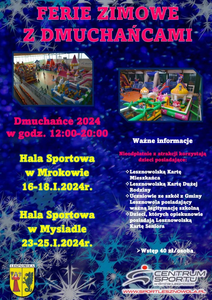 Dwa zdjęcia dmuchańców w salach gimnastycznych. W lewym dolnym rogu znajduje się Herb Gminy Lesznowola.