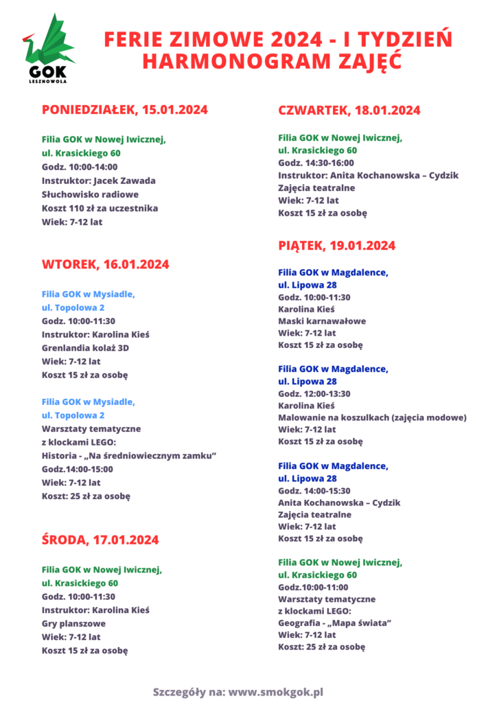 W lewym górnym rogu znajduje się logo GOK Lesznowola. Opis ferii w Lesznowoli.