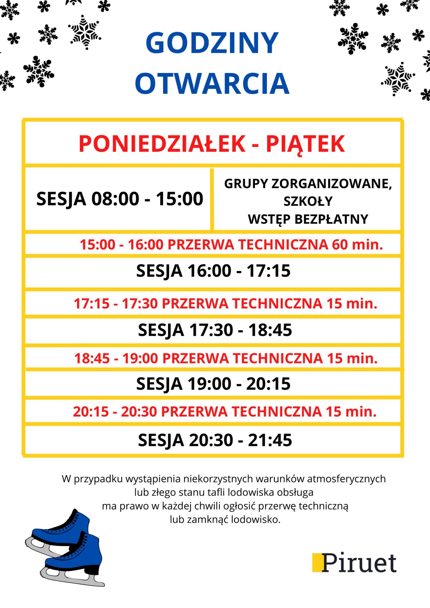 Harmonogram jazd na lodowisku od poniedziałku do piątku.
