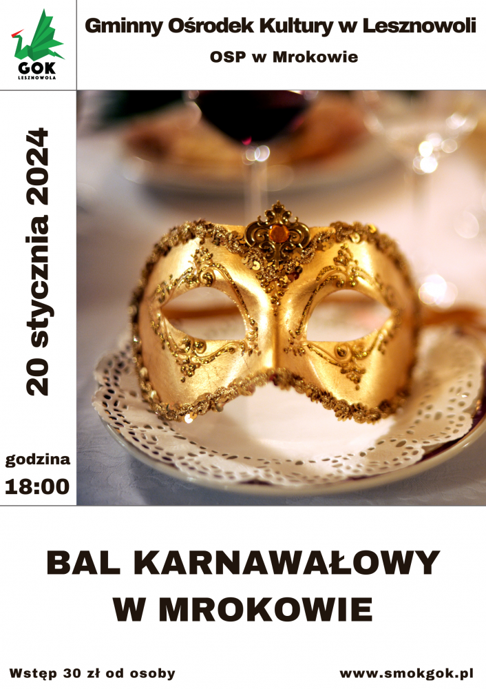 Na obrazku złota maska leży na talerzu. NA dole czarny napis BAL KARNAWAŁOWY W MROKOWIE.