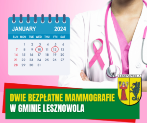Żółty napis "Dwie bezpłatne mammografie" i biały napis "w gminie Lesznowola" na zielonym pasku. W tle kalendarz.