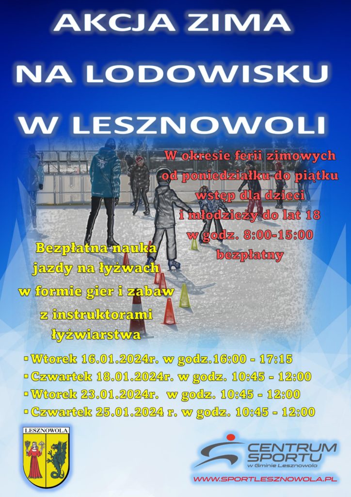 Na obrazku osoby na lodowisku. W lewym dolnym rogu Herb Gminy Lesznowola.