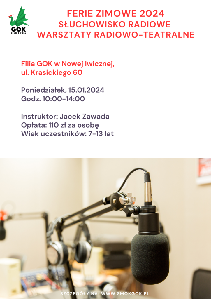 Na zdjęciu znajduje się mikrofon w sali nagrań. W lewym górnym rogu jest logo GOK Lesznowola.