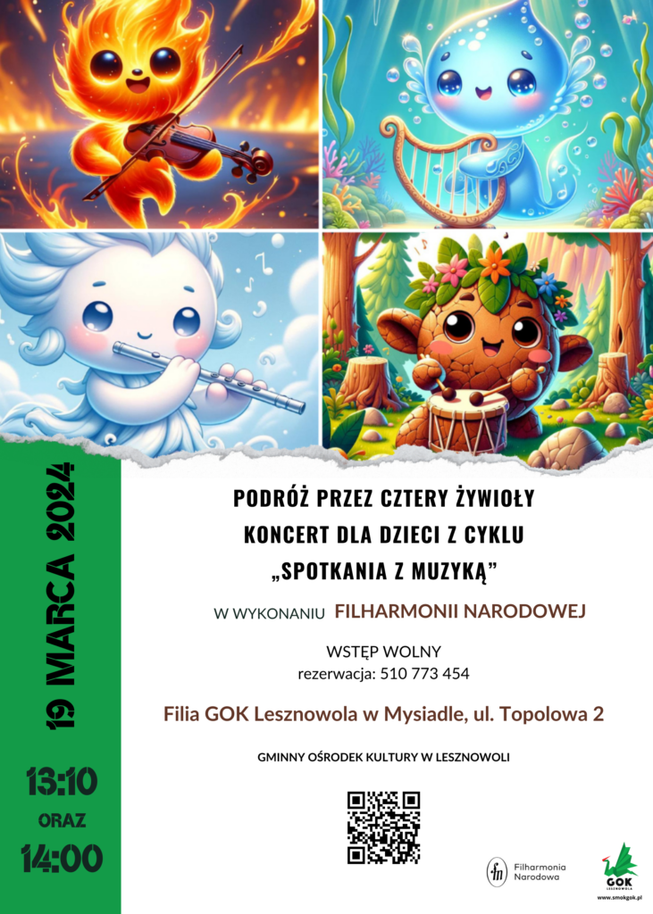 Obrazki czterech stworków - ognia, wody, wiatru i ziemi.