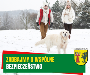 Żółty napis "Zadbajmy o wspólne" i biały napis "bezpieczeństwo" na zielonym pasku. W tle znajduje się mężczyzna i kobieta na spacerze z psem.