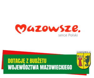 Żółty napis "Dotację z budżetu" i biały "Województwa Mazowieckiego" na zielonym pasku.