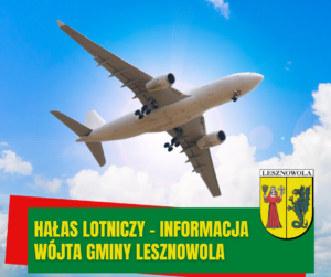 Na tle nieba lecący samolot pasażerski, na zielonym pasku tekst: HALAS LOTNICZY - INFORMACJA WÓJTA GMINY