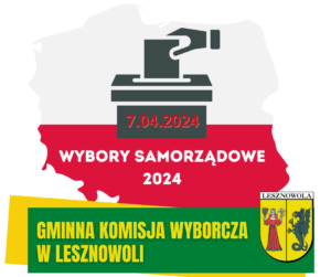 Biało-czerwony kontur Polski z grafiką z urną wyborczą. napisy: WYBORY SAMORZĄDOWE 2024, GMINNA KOMISJA WYBORCZA W LESZNOWOLI
