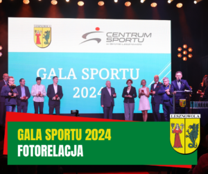 Żółty napis Gala Sportu 2024 i biały napis fotorelacja na zielonym pasku