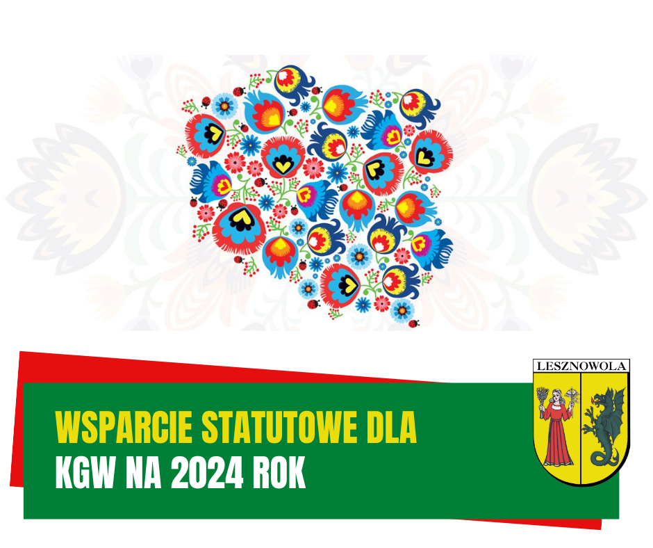 Żółty napis "Wsparcie statutowe dla" i biały napis "KGW na 2024 rok" na zielonym pasku.