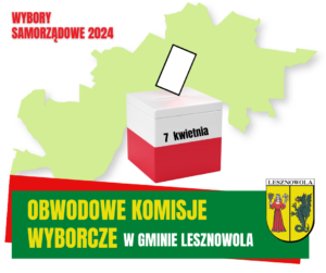 Mapa z konturami Gminy Lesznowola na tym grafika z biało-czerwoną urną wyborcza i napisy: WYBORY SAMORZĄDOWE 2024, 7 KWIETNIA, OBWODOWE KOMISJE WYBORCZE W GMINIE LESZNOWOLA