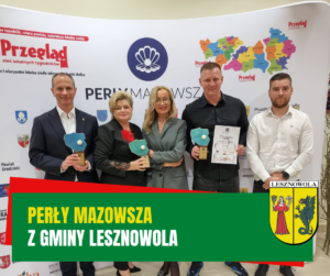 Żółty napis Perły Mazowsza i biały napis z gminy Lesznowola na zielonym pasku. W tle 5 osób, dwie kobiety i trzech mężczyzn.