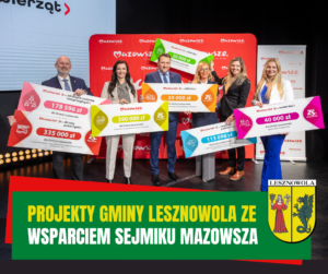 Żółty napis "Projekty Gminy Lesznowola ze" i biały napis "wsparciem sejmiku Mazowsza" na zielonym pasku. W tle osoby trzymają kolorowe tabliczki z dofinansowaniami.