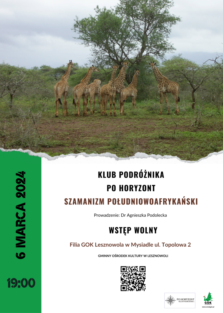 Na górze plakatu znajduje się zdjęcie z żyrafami.