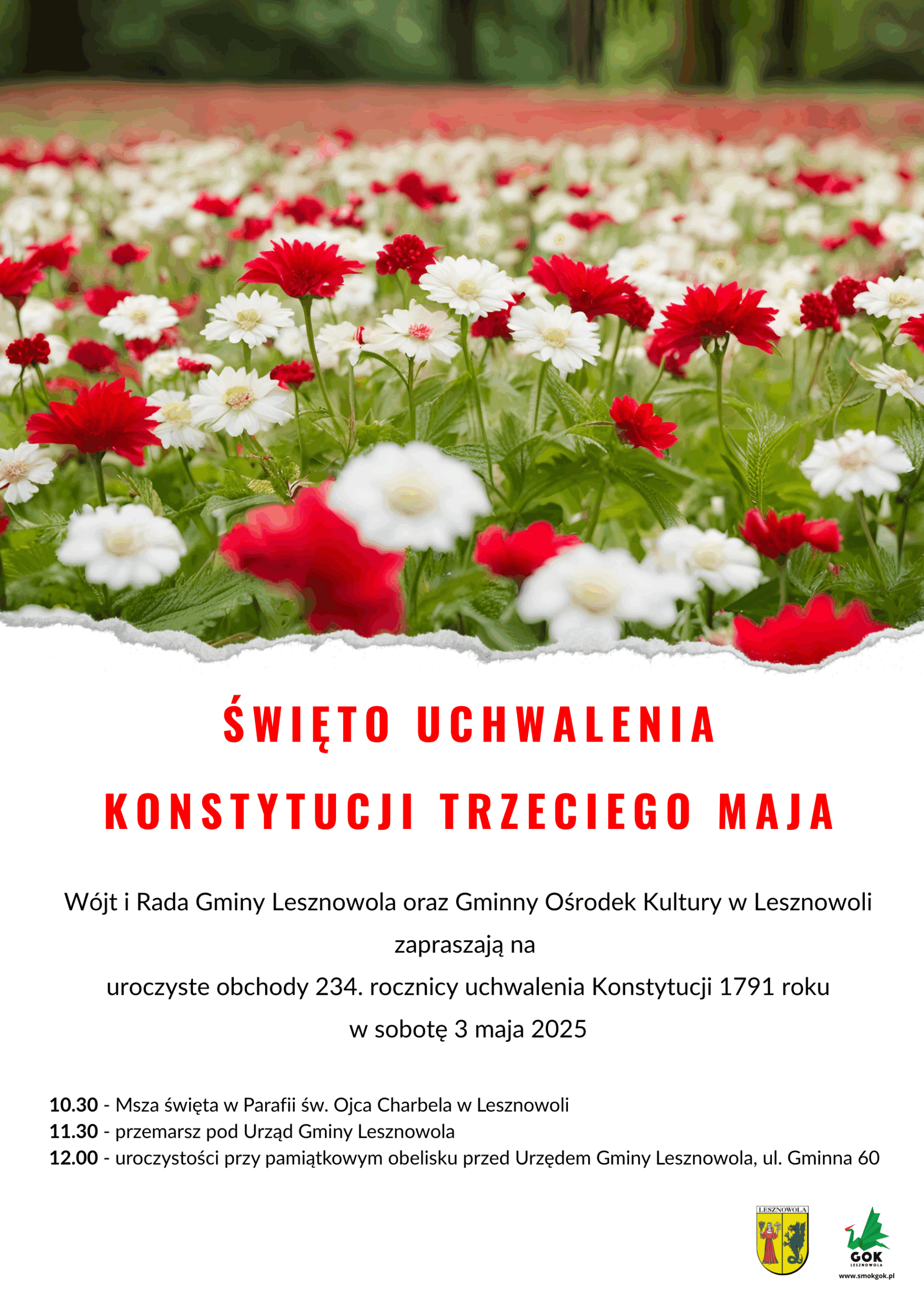 W órnej części plakatu fotografia łąki z białymi i czerwonymi kwiatami, poniżej napis czerwonym literami: Święto Uchwalenia Konstytucji Trzeciego Maja, następnie p, poniżej - informacje o wydarzeniu.