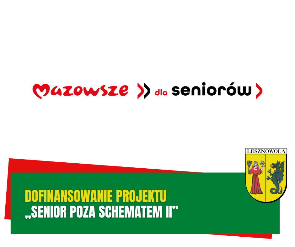 Żółty napis "Dofinansowanie projektu" i biały napis "Senior poza schematem II” na zielonym pasku.