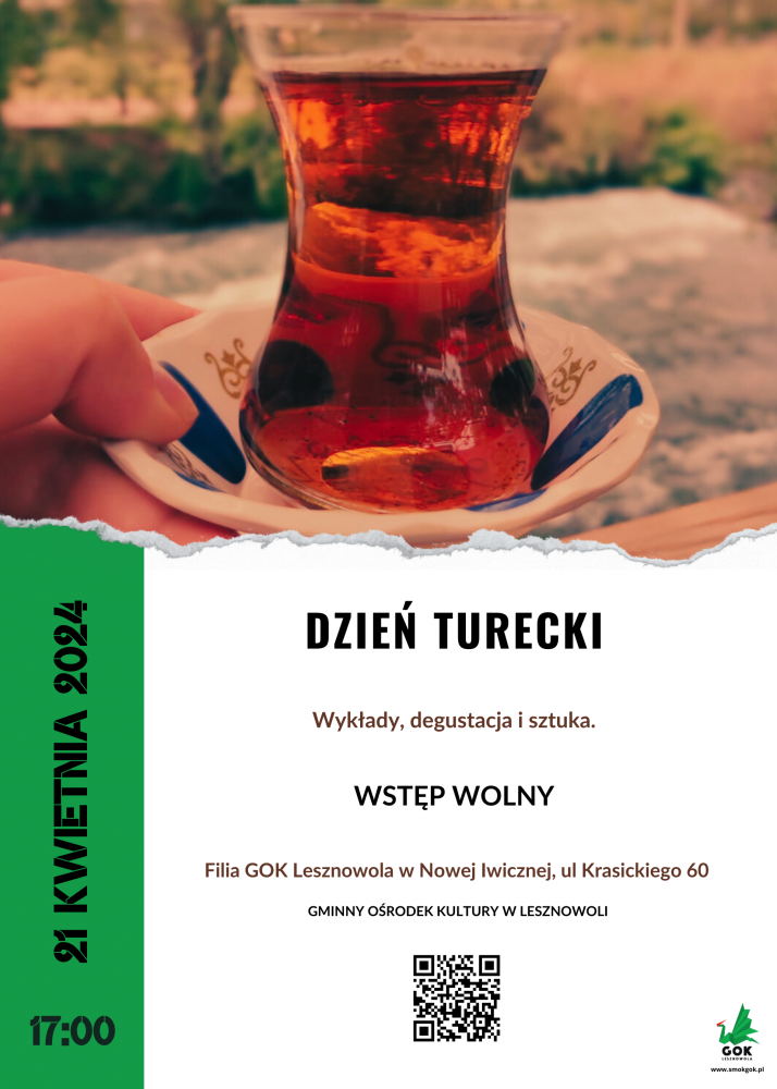 Plakat - Dzień Turecki. W tle szklanka z turecką herbatą.