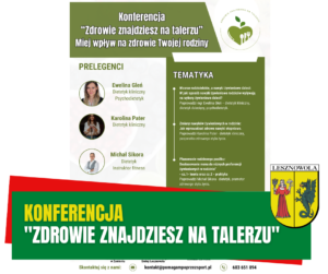 Żółty napis "Konferencja" i biały napis "Zdrowie znajdziesz na talerzu" na zielonym pasku. W tle program wydarzenia.