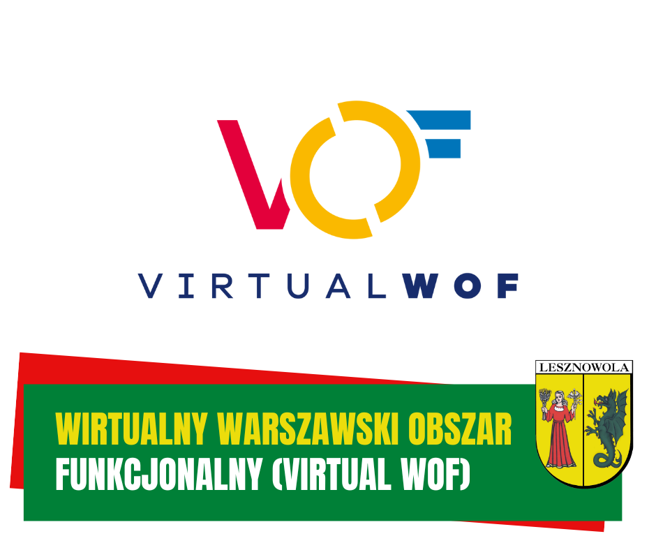 Żółty napis "Wirtualny Warszawski Obszar" i biały napis "Funkcjonalny (Virtual WOF) 2016-2023" na zielonym pasku. W tle logo.