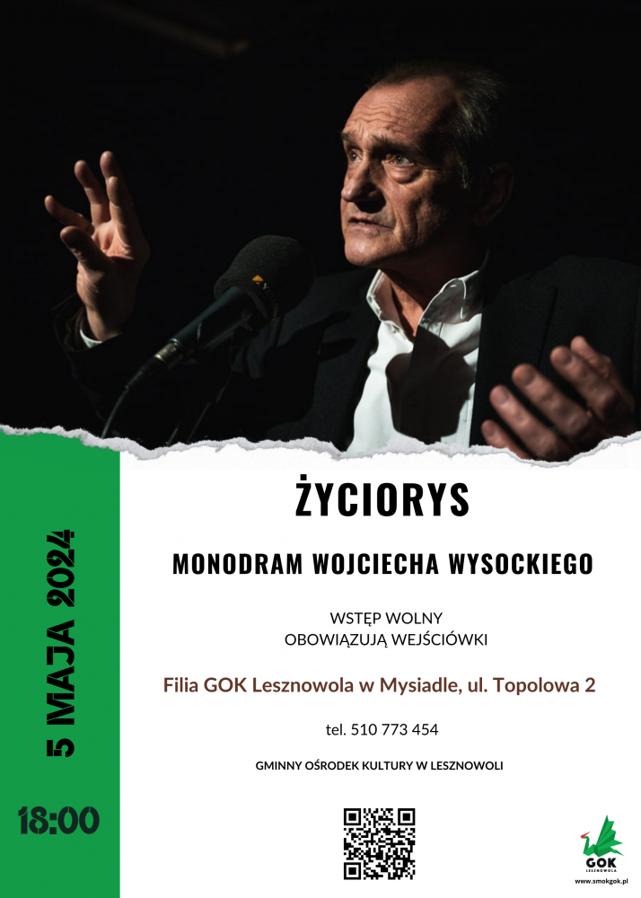 Plakat monodram Wojciecha Wysockiego. W tle mężczyzna na czarnym tle.