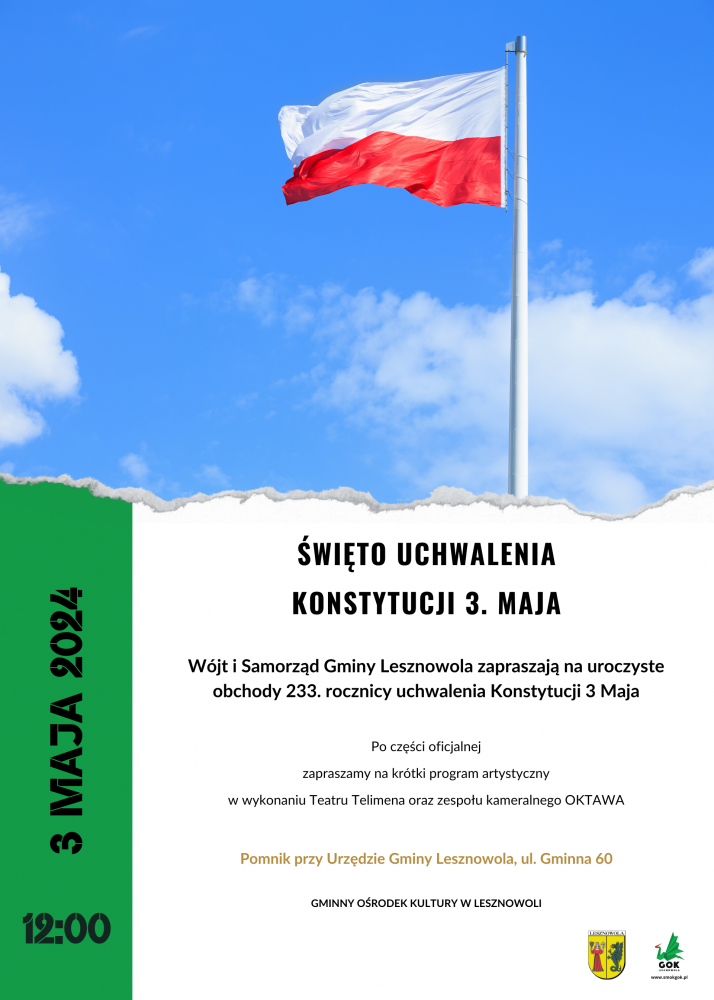 Plakat Święto Niepodległości 3 Maja. W tle powiewająca polska flaga i błękitne niebo.
