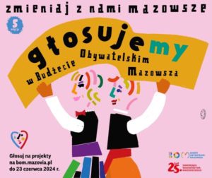 różowe tło. Grafika kobiety i mężczyzny trzyma baner z napisem GŁOUJEmy W BUDŻECIE OBYWATELSKIM MAZOWSZA