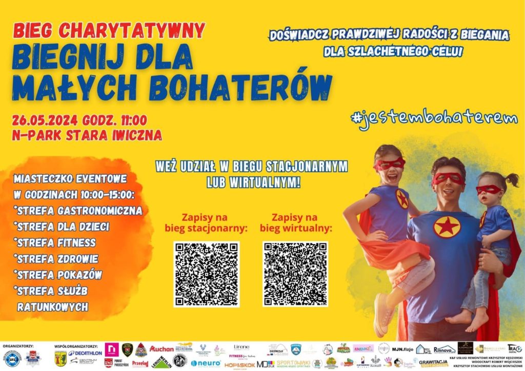 Na plakacie mężczyzna trzyma dwójkę dzieci na rękach.