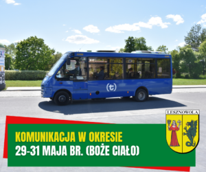 Żółty napis Komunikacja w okresie i biały napis 29-31 maja br. (Boże Ciało) na zielonym pasku.