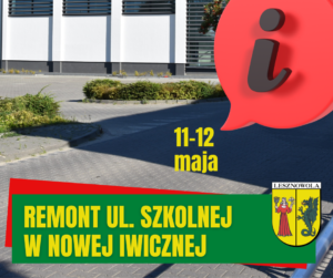 Fragment ulicy i duży znak czerwony z literą i - informacja.
