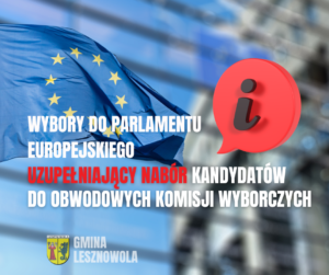 Zdjęcie budynku Parlamentu Europejskiego i flagi UE oraz napisy: WYBORY DO PARLAMENTU EUROPEJSKIEGO NABÓR UZUPEŁNIAJĄCY DO OBWODOWYCH KOMISJI WYBORCZYCH