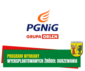 Żółty napis "Program wymiany" i biały napis "wyeksploatowanych źródeł ogrzewania" na zielonym pasku.