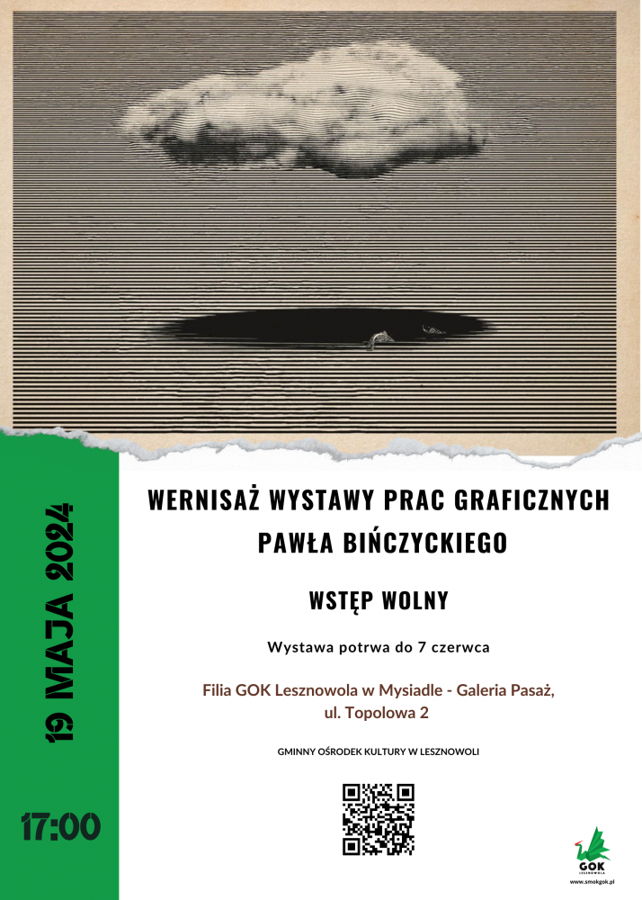 Plakat wernisażu. Chmura leci nad ziemią i tworzy cień.