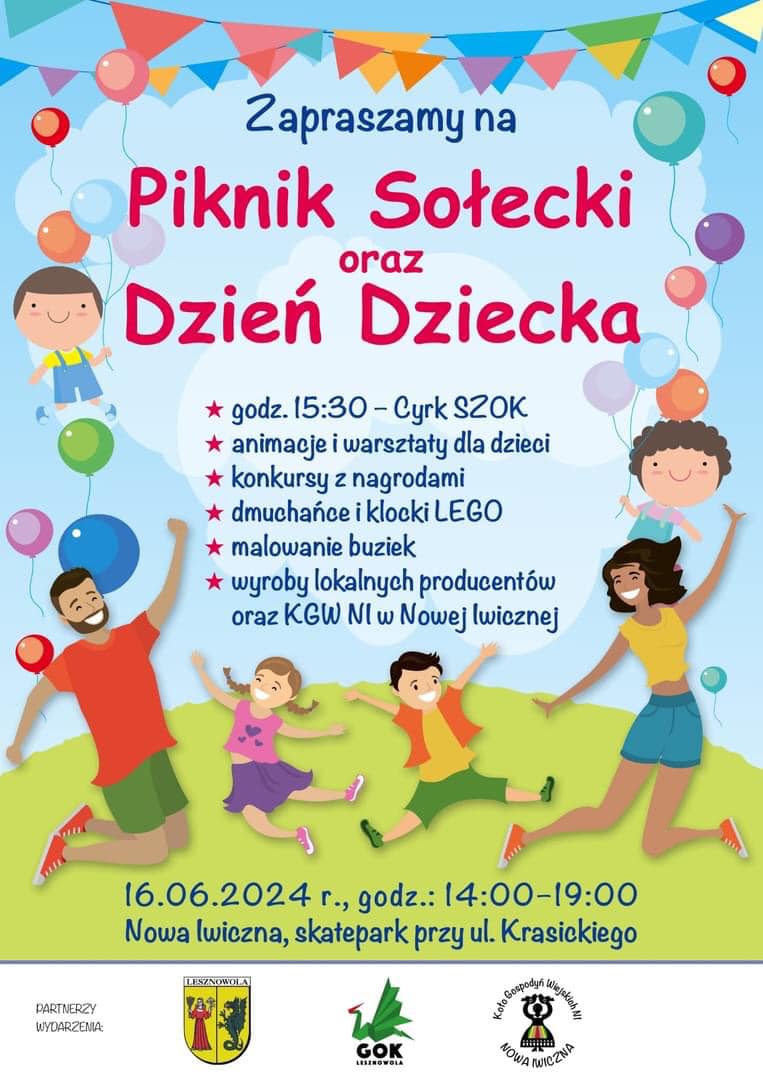 Zabawa dzieci na dworze, kolorowe balony. Napis Zapraszamy na Piknik Sołecki oraz Dzień Dziecka