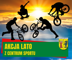 Na tle nieba z zachodzącym słońcem czarne grafiki - sylwetki 3 osób z rowerami typu BMX i jednej na deskorolce