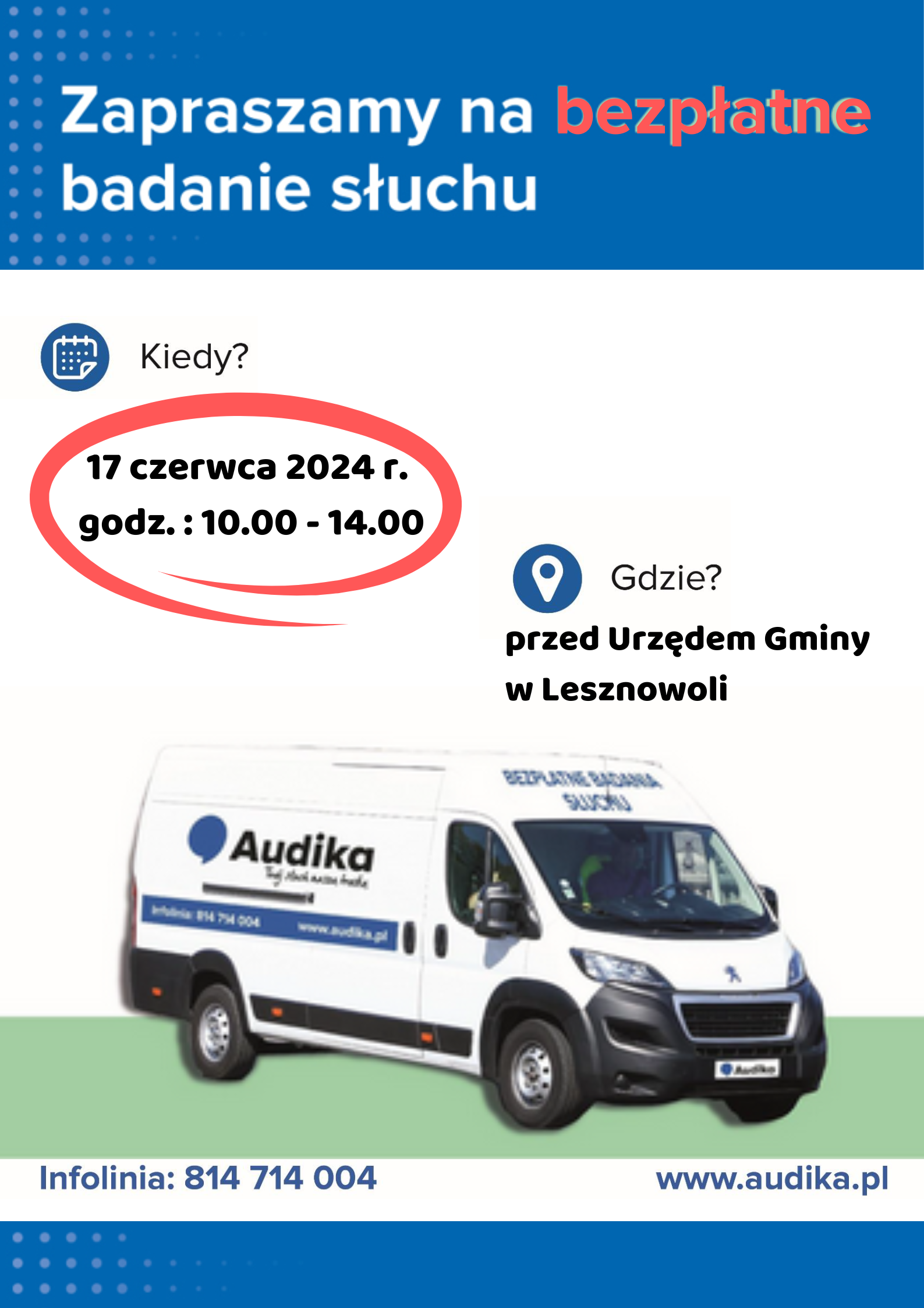 Plakat bezpłatne badanie słuchu. NA plakacie obrazek samochodu.