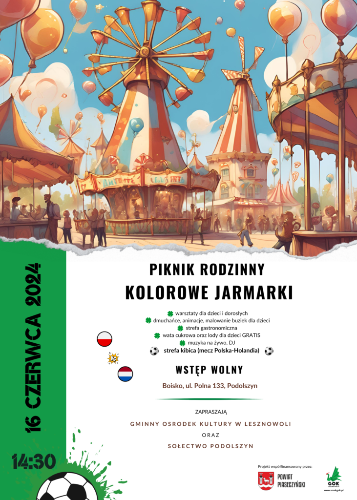 Plakat Kolorowego Jarmarku. W tle obrazek Wesołego Miasteczka.