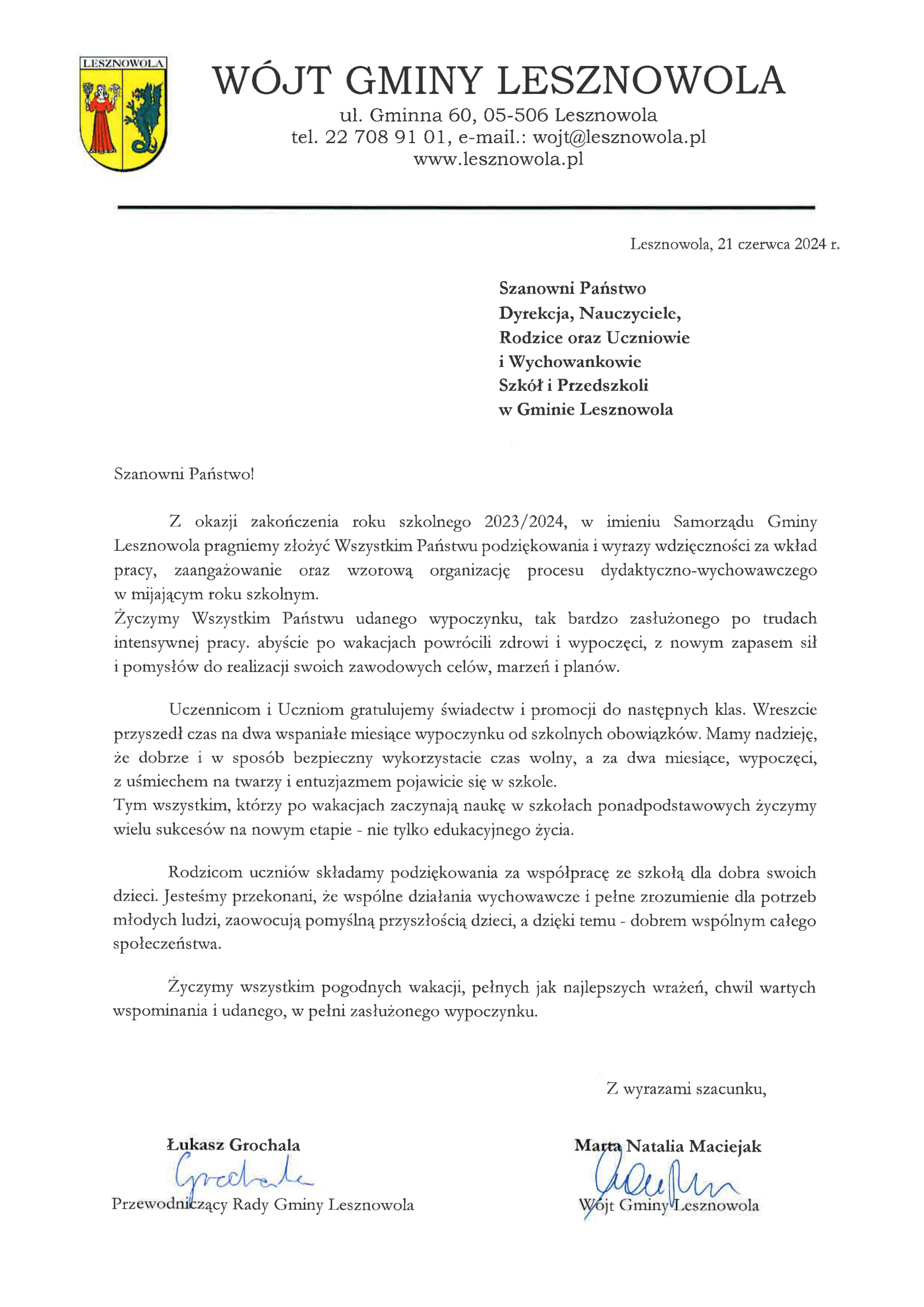 List na zakończenie roku szkolnego 2023/2024