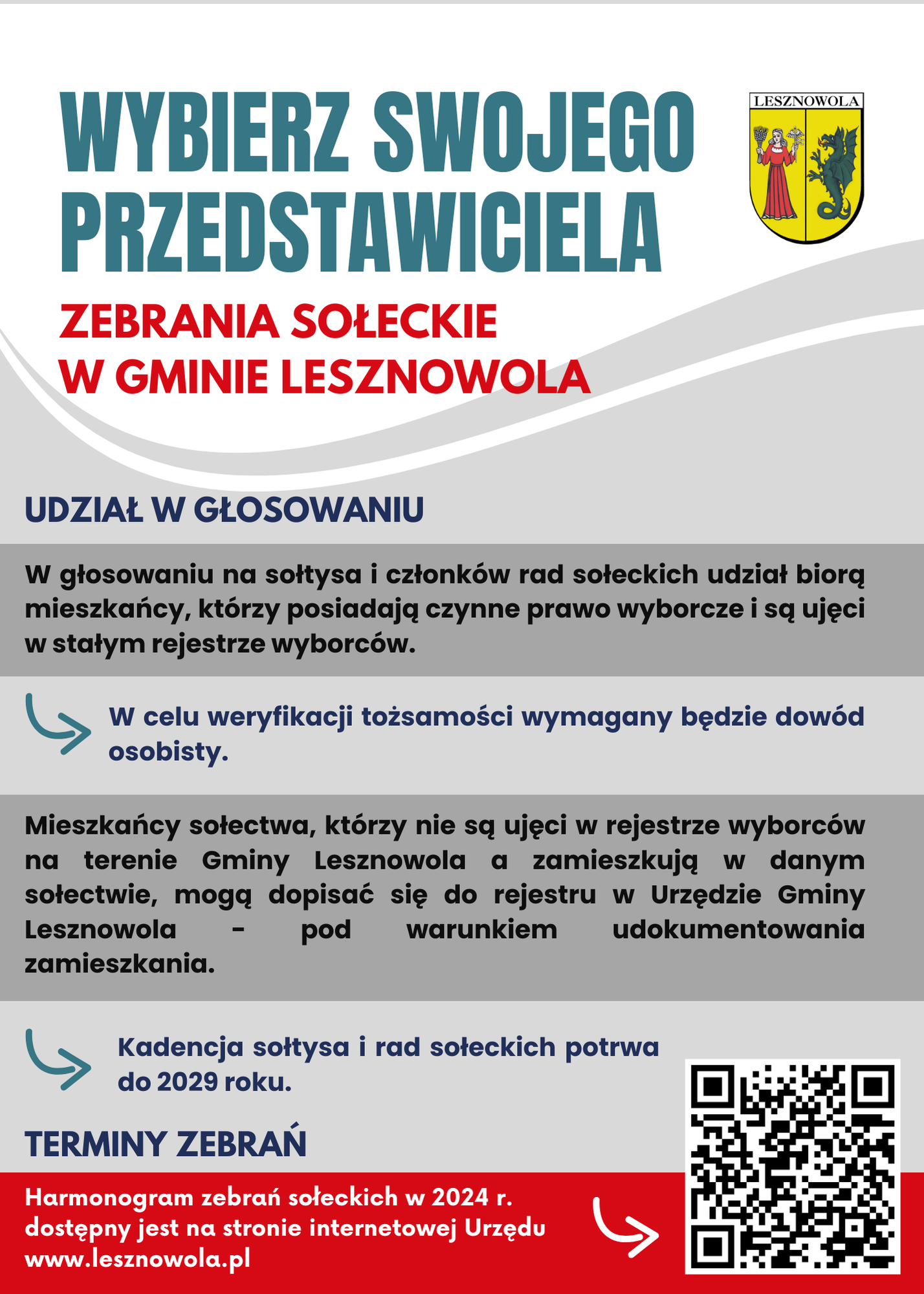 Plakat informacyjny o zebraniach sołeckich, z dużym napisem na górze strony: WYBIERZ SWOJEGO PRZEDSTAWICIELA