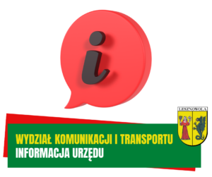 Żółty napis "Wydział komunikacji i Transport" oraz biały napis "informacja urzędu" na zielonym pasku. W tle obrazek "i".