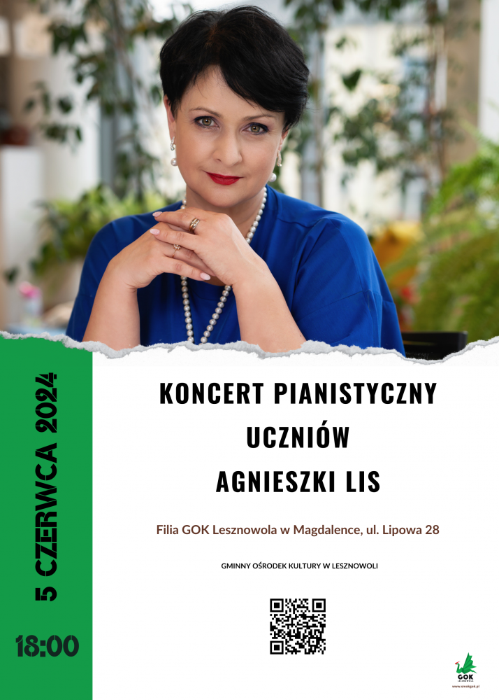 Plakat Koncertu pianistycznego uczniów Agnieszki Lis. W tle kobieta w czarnych włosach.
