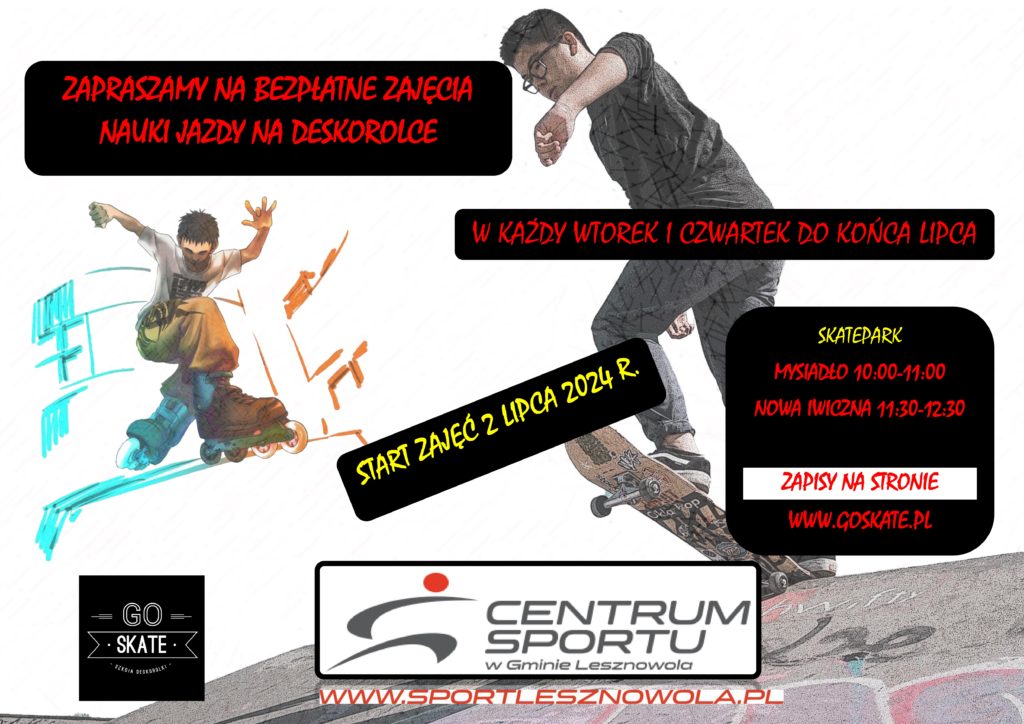 Plakat reklamujący bezpłatne zajęcia z nauki na deskorolce w ramach Akcji Lato z Centrum Sportu
