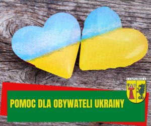 Dwa serca w kolorze flagi Ukrainy. Napis: Pomoc dla obywateli ukrainy