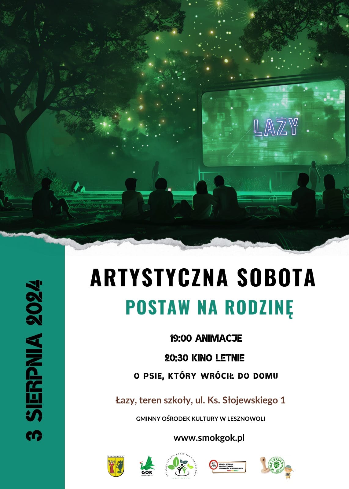 Plakat Artystyczna sobota. Osoby siedzą w parku na kocach i oglądają kino pod chmurką.